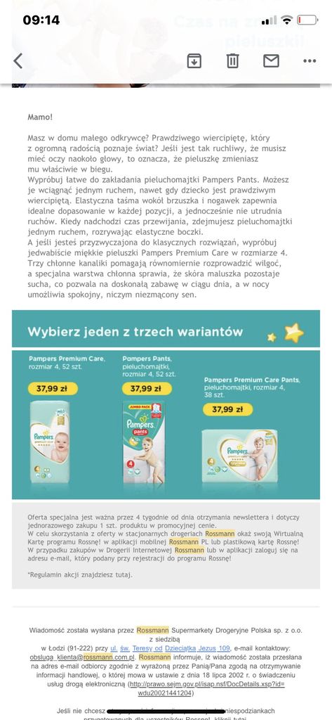 promocja na maila pieluchomajtki pampers w rossmann